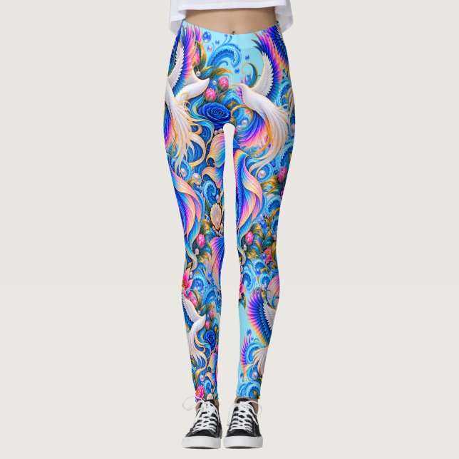 Vita Dove Fantasy Leggings | Celestial Blommig Kon (Framsida)
