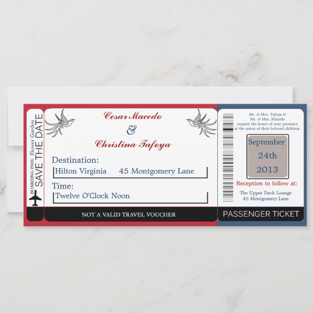 Vita Doves Red B Boarding Pass Wedding bjudande Inbjudningar (Framsida)
