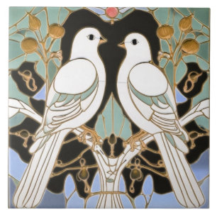 Vita duvfåglar Art nouveau Doves Bird Art Deco Kakelplatta
