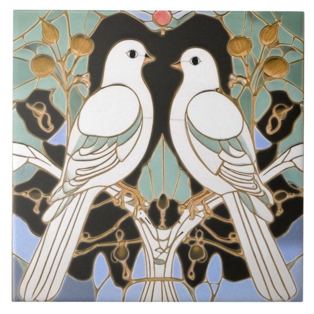 Vita duvfåglar Art nouveau Doves Bird Art Deco Kakelplatta (Framsidan)