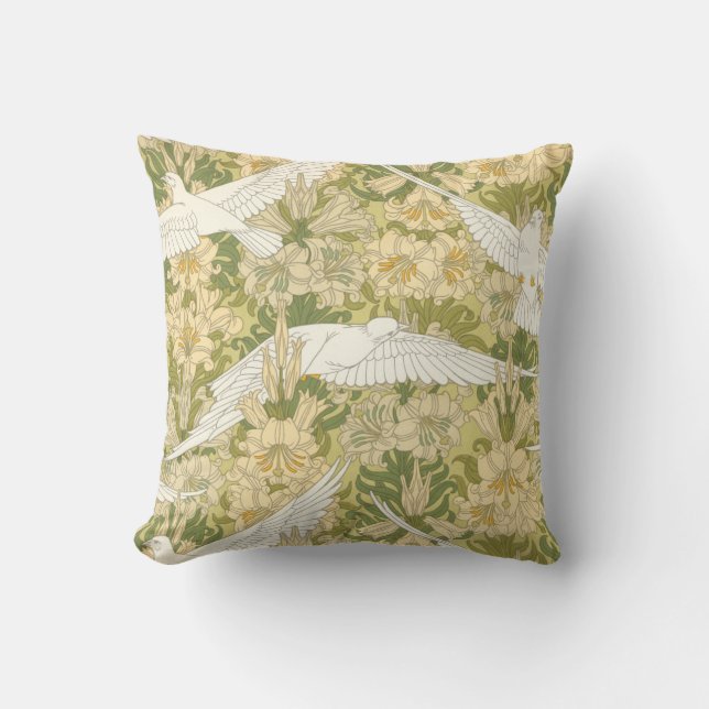 Vita duvor av Art nouveau med Lilies Pillow Kudde (Framsida)