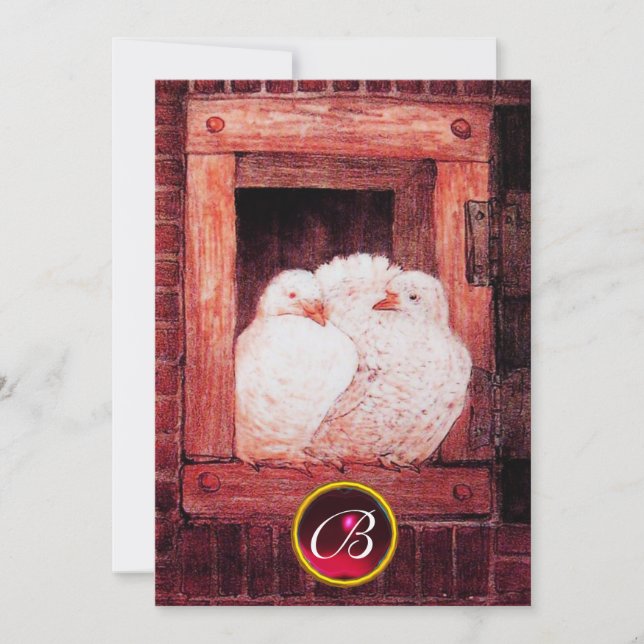 VITA DUVOR I RÖTT FÖNSTER BRöllopssmycke MONOGRAM Inbjudningar (Framsida)