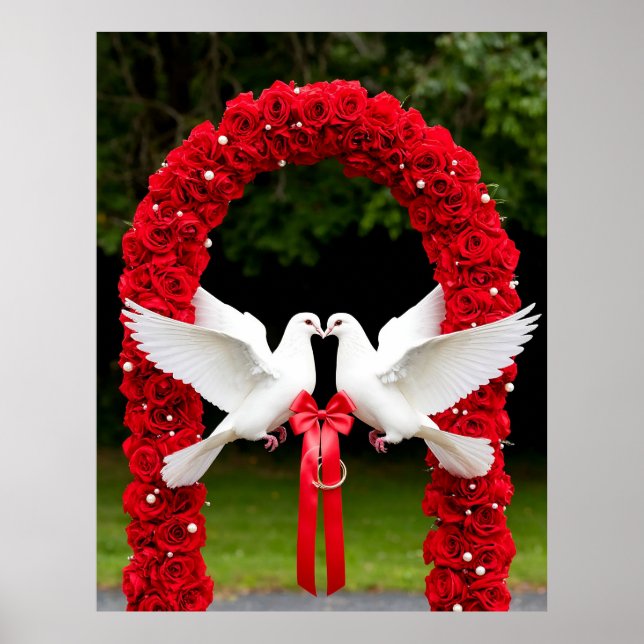 Vita duvor med rött band i rosbåge poster (Framsidan)