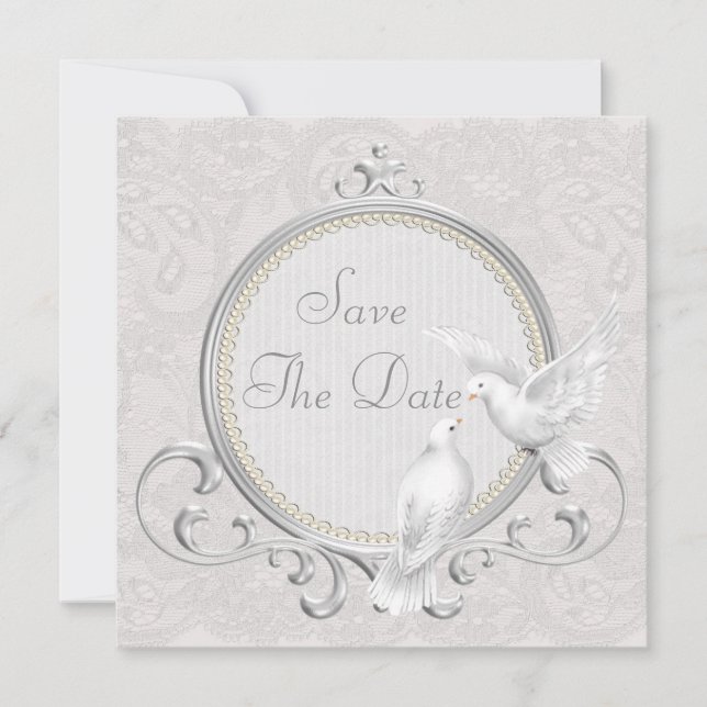 Vita duvor & pärlor Paisley spets Förlovningskort Spara Datumet (Framsida)