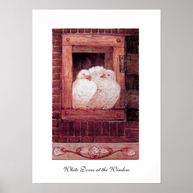 VITA DUVOR VID FÖNSTER, unik röd rosa Poster (Framsidan)