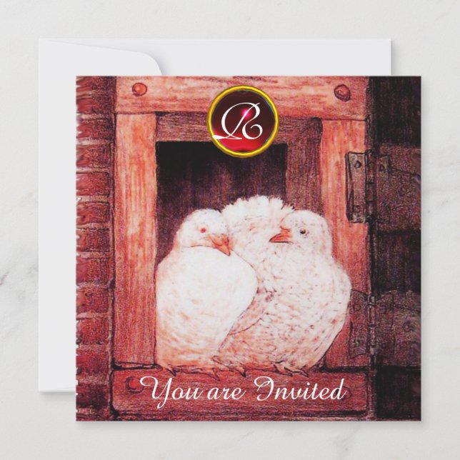 VITA DUVOR VID RÖDA FÖNSTER ÄDELSTEN BRYLLUPSMONOG INBJUDNINGAR (Framsida)