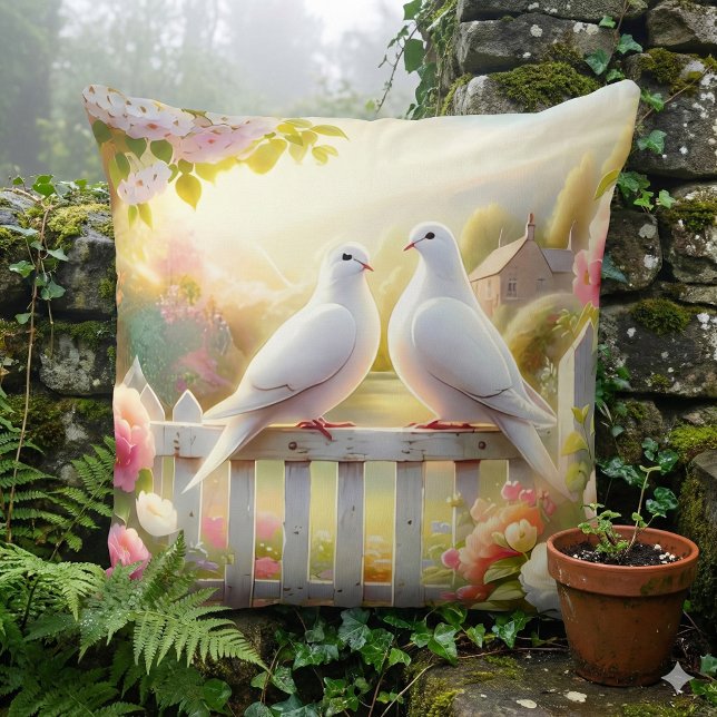 Vita duvors stugträdgård kudde (White Doves Cottage Garden Throw Pillow Mockup A)