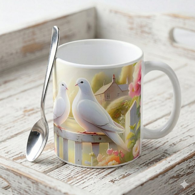 Vita duvors trädgård kaffemugg (White Doves Cottage Garden Coffee Mug)