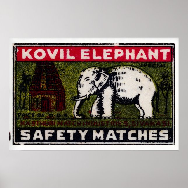 Vita elefanttemplet Matchbox konsttryck, indisk Poster (Framsidan)