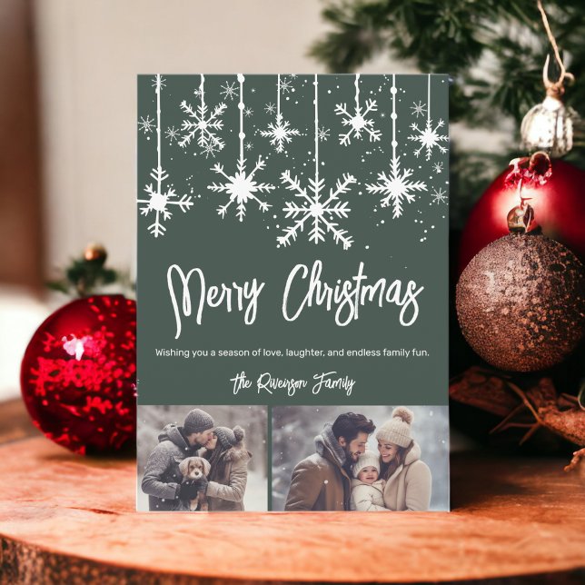 Vita elegant grönt god jul 2-foton i  snö julkort (White snow elegant green merry christmas 2 photos holiday card)