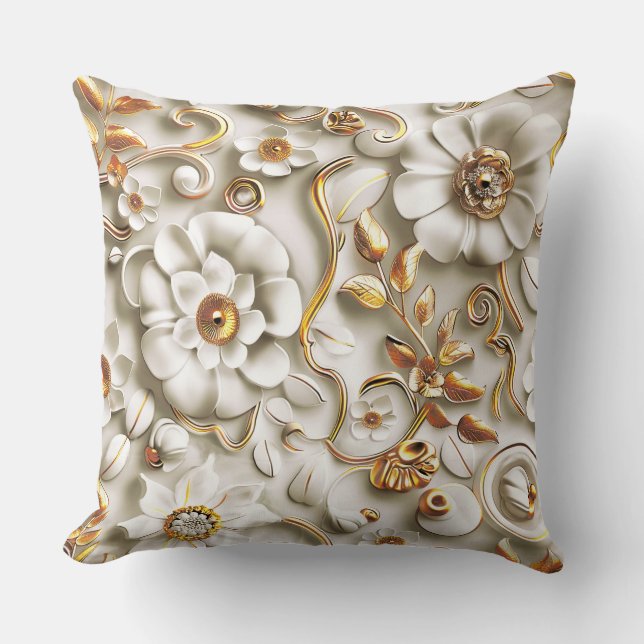 Vita Embossed Flowers och Metallic Golden Lövs Kudde (Framsida)