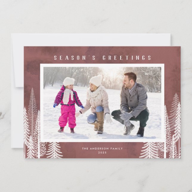 Vita Evergreen Träd Season Greetings Photo Julkort (Framsida)