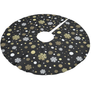 Vita falska guld snöflingor prickar på svart julgransmatta borstad polyester