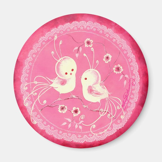 Vita Fantasy Birds med Flowers & Snöre Gräns Magnet (Framsidan)