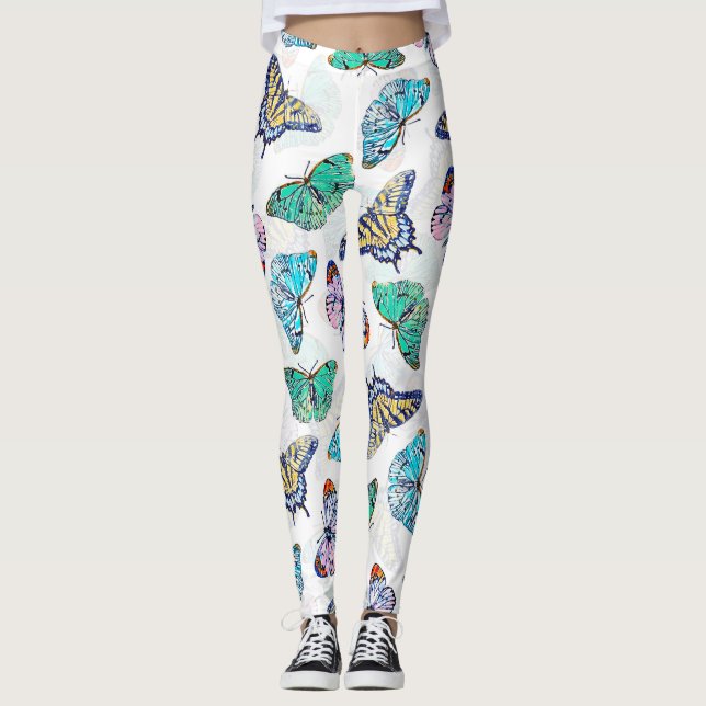 Vita, färgade vattenfärgsButterflies Leggings (Framsida)