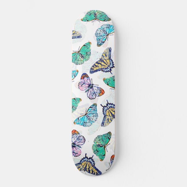 Vita, färgade vattenfärgsButterflies Mini Skateboard Bräda 18,5 Cm (Framsida)