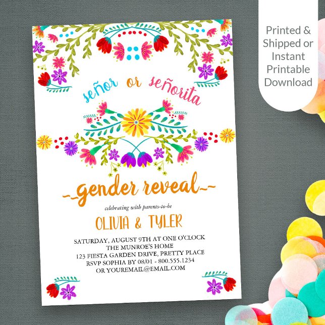 Vita färgstarka Gender för mexikansk Fiesta Blommi Inbjudningar (Gender Reveal invitation with Colorful Mexican Fiesta Floral design on white)