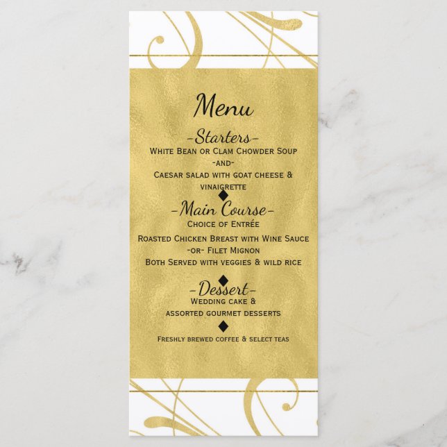Vita & Faux Guld Blommigt Swirl Chic Bröllop Menu Meny (Framsida)