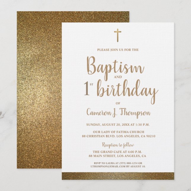 Vita Faux Guld Kor Baptism och 1:a födelsedag Inbjudningar (Fram/baksida)