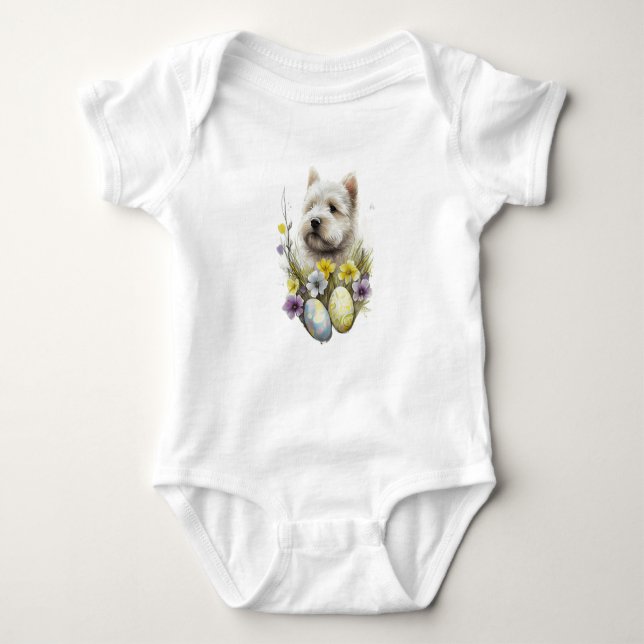 Vita fluffy Puppy-Hund med blommor T Shirt (Framsida)