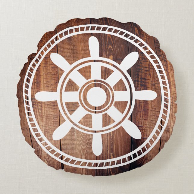 Vita Frakt Wheel Nautical Wood Planks Rund Kudde (Framsidan)