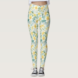 Vita frangipani-blommor med allt-över-tryck-färg leggings