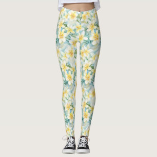 Vita frangipani-blommor med allt-över-tryck-färg leggings