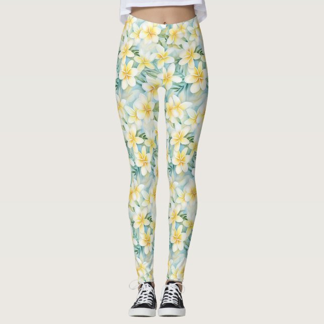 Vita frangipani-blommor med allt-över-tryck-färg leggings (Framsida)