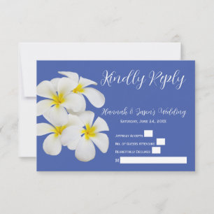 Vita Frangipani-blommor, på Blå, Bröllops-svar Tack Kort