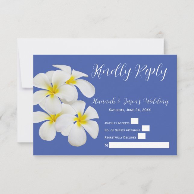 Vita Frangipani-blommor, på Blå, Bröllops-svar Tack Kort (Framsida)
