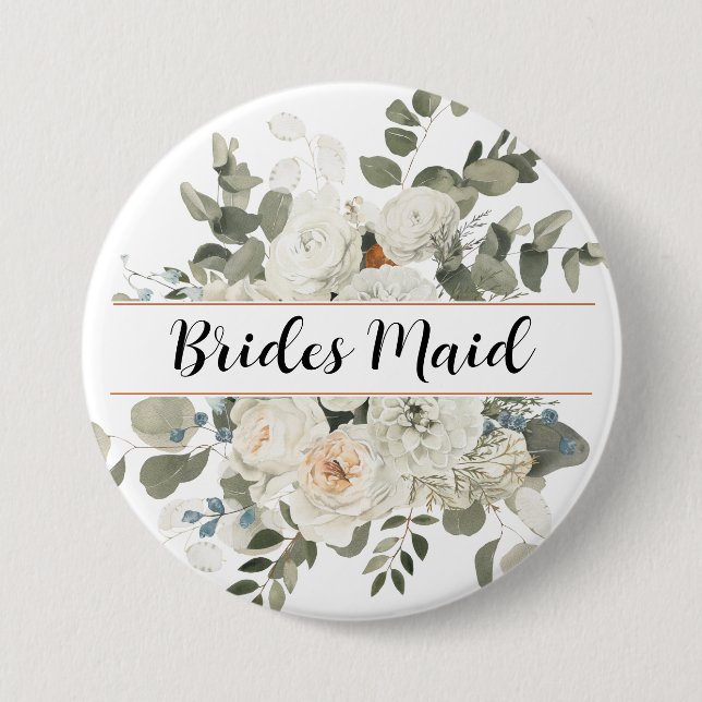 Vita Fransken Peonies och Greenery Blommigt Monogr Knapp (Framsida)