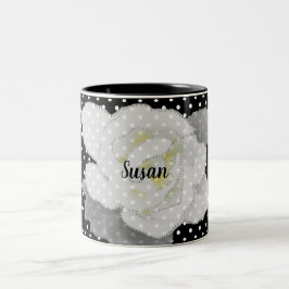 Vita Gardenia Flower Black White Polka Dot Två-Tonad Mugg
