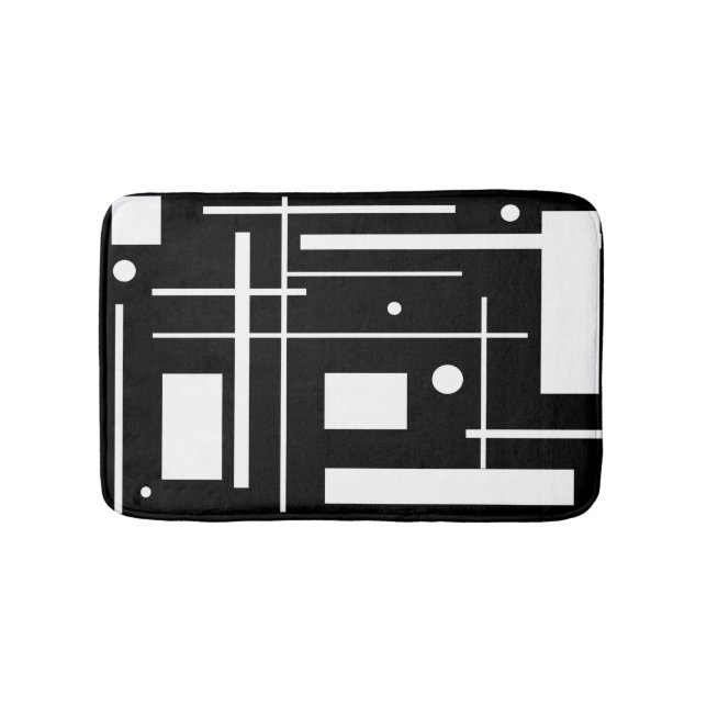 Vita geometriska former på svart badplatta badrumsmatta (Framsidan)