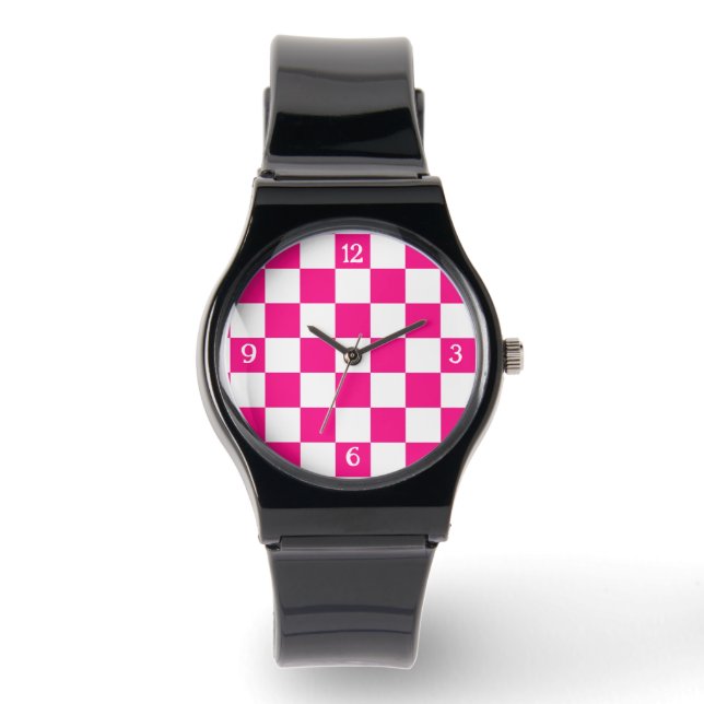 Vita geometriska retrow-nummer för shock rosa som  armbandsur (Framsida)