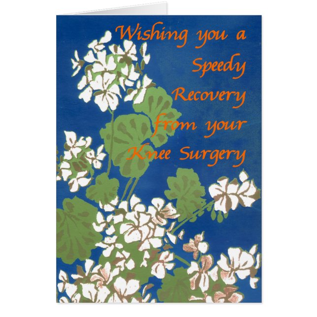 Vita Geranium på Blue Get well Knee Surgery Hälsningskort (Framsidan)
