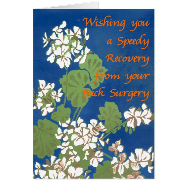 Vita Geraniums på Blue Get well Back Surgery Hälsningskort (Framsidan)