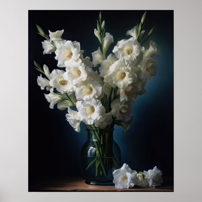 Vita Gladiolus Flowers Art Skriv ut Poster (Framsidan)