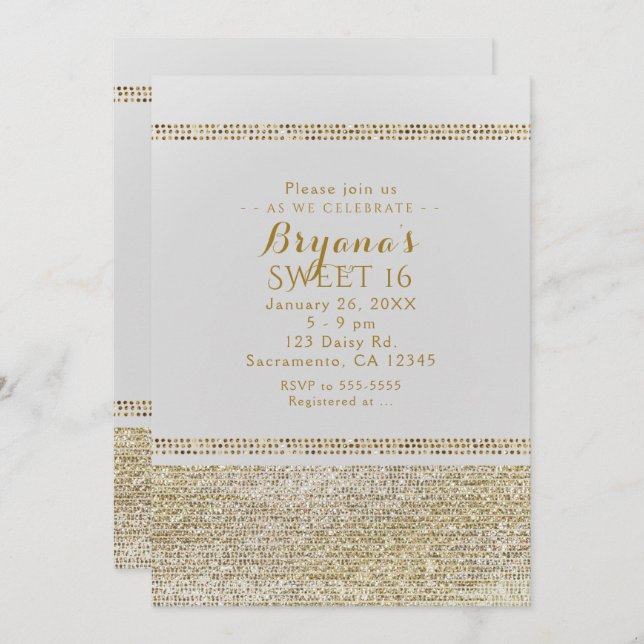 Vita & gnistrande guld glamourösa festinbjudningar inbjudningar (Fram/baksida)