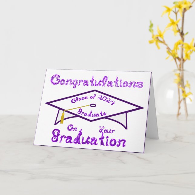 Vita Grad Cap Lila Student klass 2024 Hat Kort (Gul blomma)