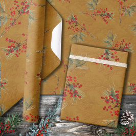 Vita Gräs Gren Red Ilex Berries Guld Presentpapper
