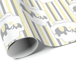 Vita, Grått och Gult Rand Elephants Baby Shower Presentpapper