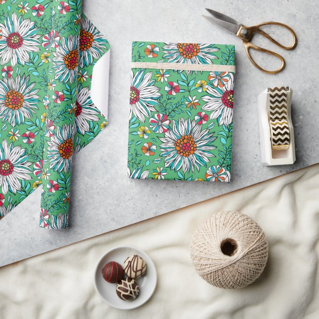 Vita Grey Gult Orange Red Daisy Flowers Presentpapper (Hantverk)