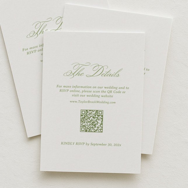 Vita & Gröna Bröllopsdetaljer RSVP Qr-kod Tilläggskort (Skapare uppladdad)