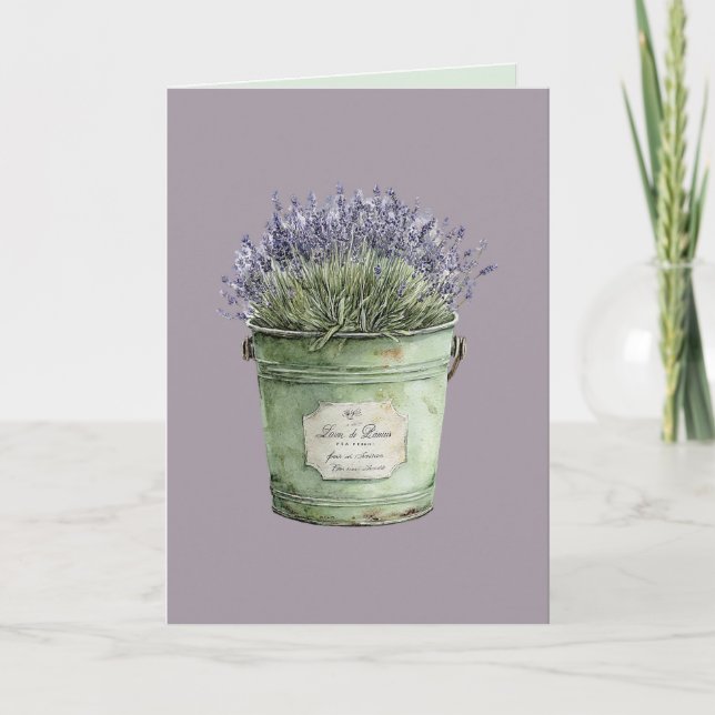Vita Gröna Hink Lavendel Blommor Kort (Framsida)