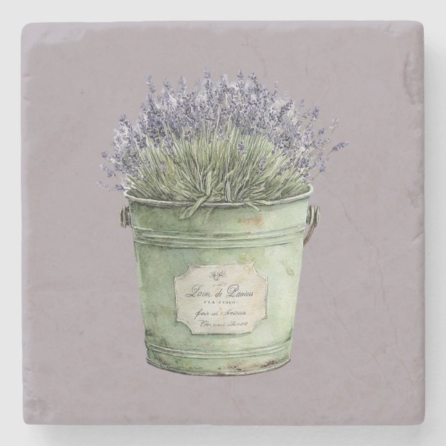 Vita Gröna Hink Lavendel Blommor Stenunderlägg (Framsidan)