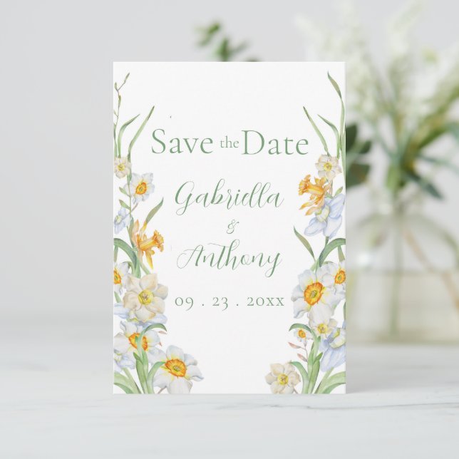 Vita & gula Narciss Blommig Grön Skrift Spara Datumet (Stående Fram)