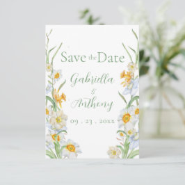 Vita & gula Narciss Blommig Grön Skrift Spara Datumet