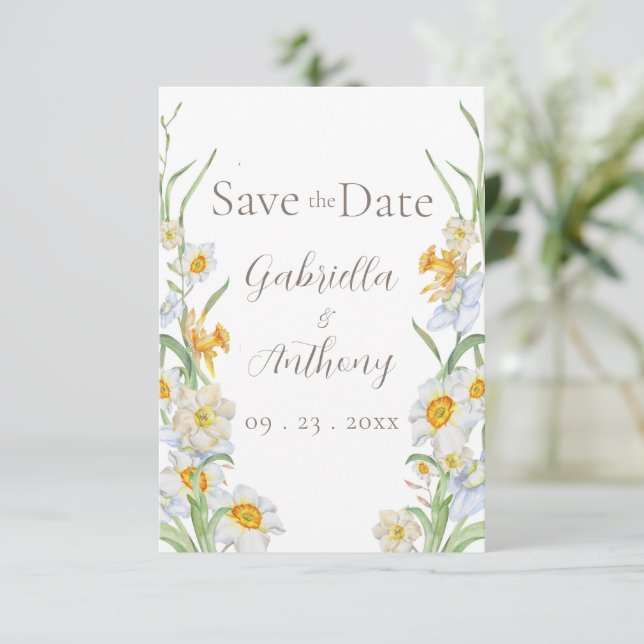 Vita & gula Narcissblommor Brunt skrivstil  Spara Datumet (Stående Fram)