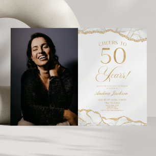 Vita Guld Agate Bild 50:e Födelsedagsfesten Inbjudningar