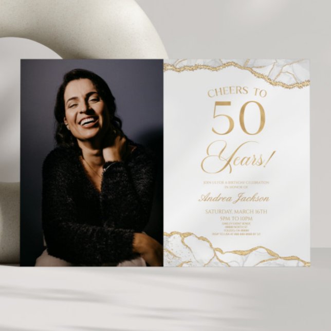 Vita Guld Agate Bild 50:e Födelsedagsfesten Inbjudningar (Skapare uppladdad)